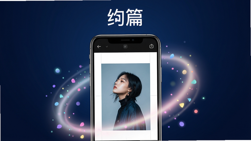 一张展示绚篇App界面的高分辨率概念图,主体为手机屏幕,屏幕中显示正在编辑的照片,周围环绕着柔和的光效和色彩粒子,背景为极简的深蓝色渐变,文字“绚篇”位于顶部中央,字体现代简洁,整体风格科技感与艺术感并存,画质清晰,无多余元素