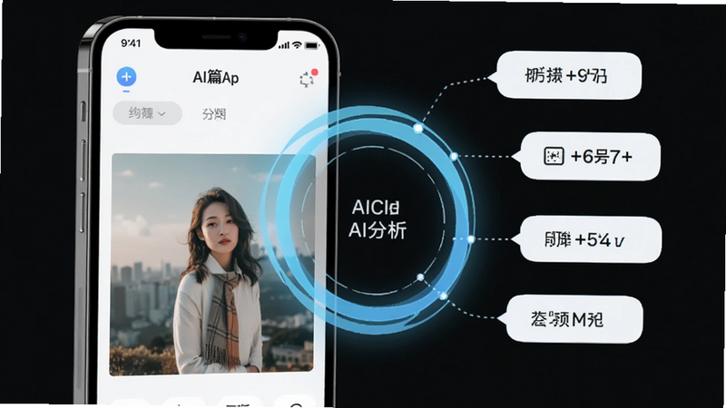 绚篇App功能界面预览,展示智能识别功能,手机屏幕上有一张照片,旁边浮现出AI分析的光圈和参数标签,界面设计扁平化,色彩清新,突出智能化特征,画质高清,布局整洁