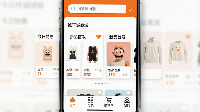主体为诚至诚商城手机应用主界面截图,布局采用扁平化设计,顶部为搜索栏,中部展示“今日特惠”与“新品首发”两个横向滑动卡片组,底部为固定导航栏包含首页、分类、购物车、我的四个图标。风格清新现代,配色以白色背景搭配品牌橙色点缀,细节处有轻微阴影增强立体感,画质高清,干净,无多余元素,文字内容包含“诚至诚商城”、“今日特惠”、“新品首发”、“首页”、“分类”、“购物车”、“我的”。