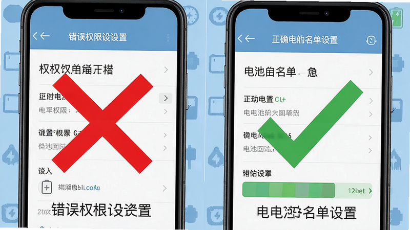 一张分屏对比图,左侧显示错误的权限设置界面,红色叉号标注;右侧显示正确的电池白名单设置,绿色勾号标注,背景为浅蓝色,布局左右对比,排版清晰,风格扁平化教程风,细节明确,高清,无多余装饰