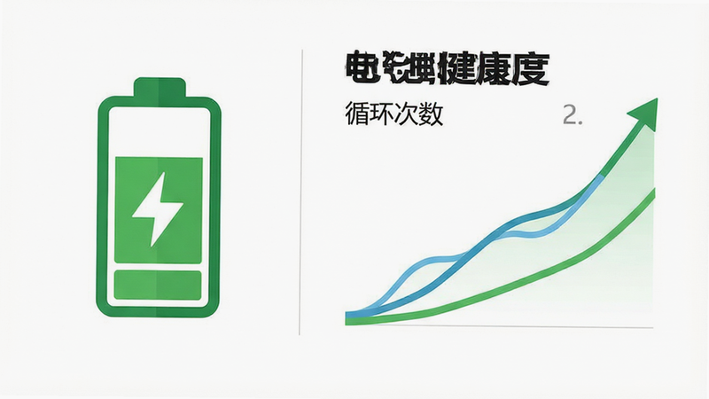 一张扁平化风格的信息图表,左侧是一个绿色的电池图标,右侧是三条上升的曲线代表健康度趋势,背景为纯白色,文字标注“电池健康度”、“循环次数”,布局左右分割,排版清晰,风格清新简约,细节精致,高分辨率,无阴影干扰