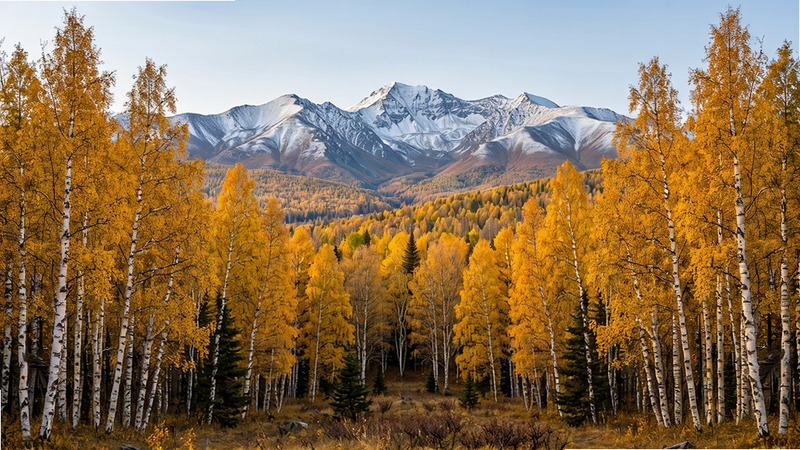 一张高清的阿尔山秋季风景壁纸,主体是金黄的白桦林和远处的雪山,布局居中对称,排版简洁,风格为写实摄影,细节丰富清晰,画质4K,干净,无多余元素