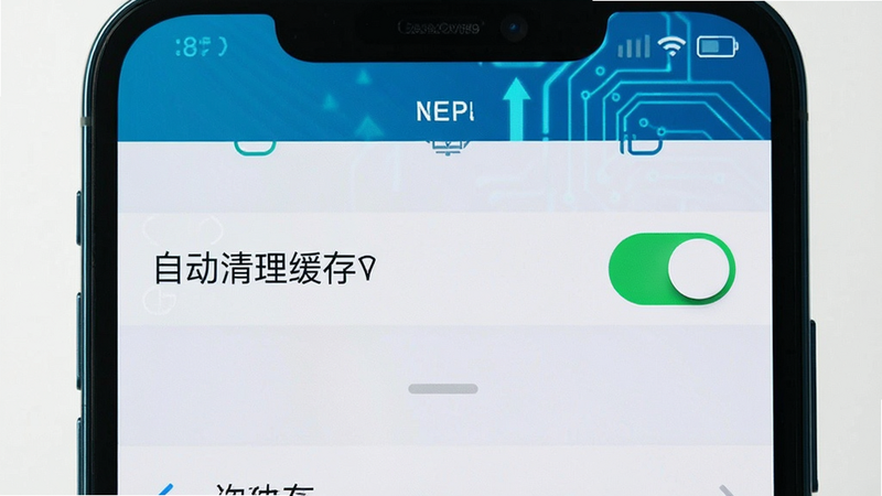 手机设置界面截图,显示“自动清理缓存”开关已开启,布局简洁,风格科技感,细节清晰,画质高清,干净,无多余元素