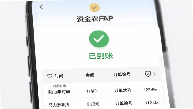 “马力多农户”APP的资金结算页面设计,显示绿色对勾图标和“已到账”字样,下方列出交易明细表格,包含时间、金额、订单编号,背景为柔和的白色卡片式布局,强调安全与信任,风格扁平化,细节精致,画质清晰,无水印