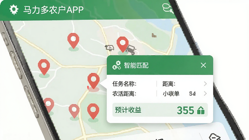 “马力多农户”APP中的地图选单界面预览,地图上标记多个红色定位点代表农活订单,点击其中一个弹出详情卡片,显示任务名称、距离、预计收益,界面简洁直观,绿色主题,高清矢量风格,无杂乱背景,文字“智能匹配”清晰可见