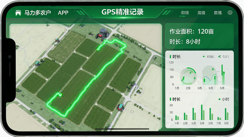 “马力多农户”APP的作业报告界面,显示一条绿色的GPS轨迹线穿过农田地图,旁边列出“作业面积:120亩”、“时长:8小时”等数据,界面科技感强,数据可视化图表清晰,绿色主调,高清渲染,无多余装饰,文字“精准记录”醒目