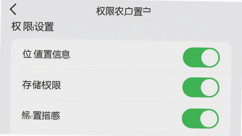 “马力多农户”APP的设置页面,显示权限管理列表,包括“位置信息”、“存储权限”等开关,界面简洁,绿色开关指示开启状态,背景为浅灰色,文字清晰,风格现代,高清细节,无杂乱元素,文字“权限设置”可见