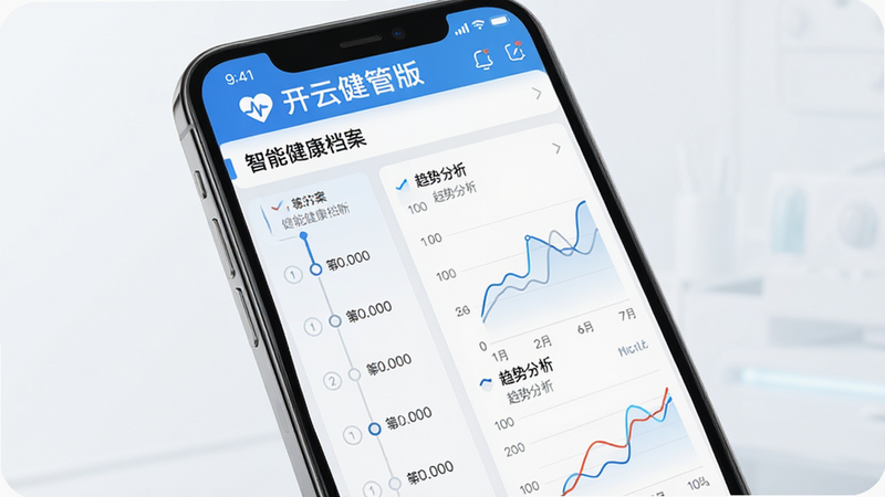 主体为一部智能手机,屏幕显示“开云健管版”APP界面,重点展示“智能健康档案”页面,布局清晰,左侧为时间轴列表,右侧为关键指标折线图,排版整洁,风格为现代医疗科技风,细节丰富,画质高清,干净,无多余元素,文字包含“健康档案”“趋势分析”