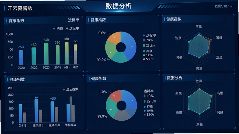 主体为数据仪表盘界面,显示“开云健管版”的“数据分析”板块,布局为多图表组合,包括柱状图、饼图和雷达图,排版规整,风格为深蓝科技风,细节显示数据标签和颜色区分,画质极清,干净,无多余元素,文字包含“健康指数”“达标率”