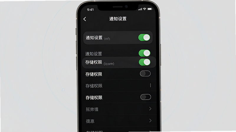 �嵼���ֻ������ý��棬����Ϊ�ֻ���Ļ������չʾ֪ͨȨ�޿��ء��洢Ȩ��ѡ����б���Ű��������У����Ϊ���UI��ƣ�ϸ�ڴ��������ذ�ť״̬�������������ɾ��޶���Ԫ�أ����ְ���