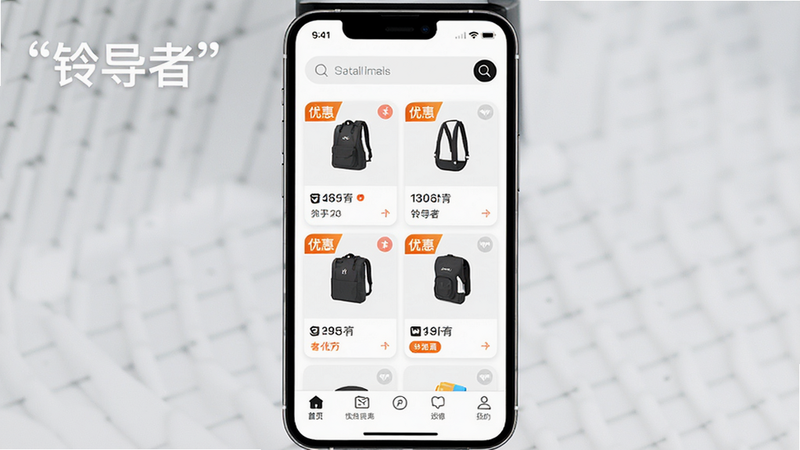 һ��չʾ���嵼�ߡ�APP������ĸ���ͼ������Ϊ�ֻ���Ļ������������������ʾ���������в�Ϊ����״��Ʒ��Ƭ���ײ�Ϊ������������ִ���Լ��ϸ�ڰ��������ġ��Żݡ���ǩ�����ʸ��壬�ɾ����޶���Ԫ�أ����ּ����š��嵼�ߡ�