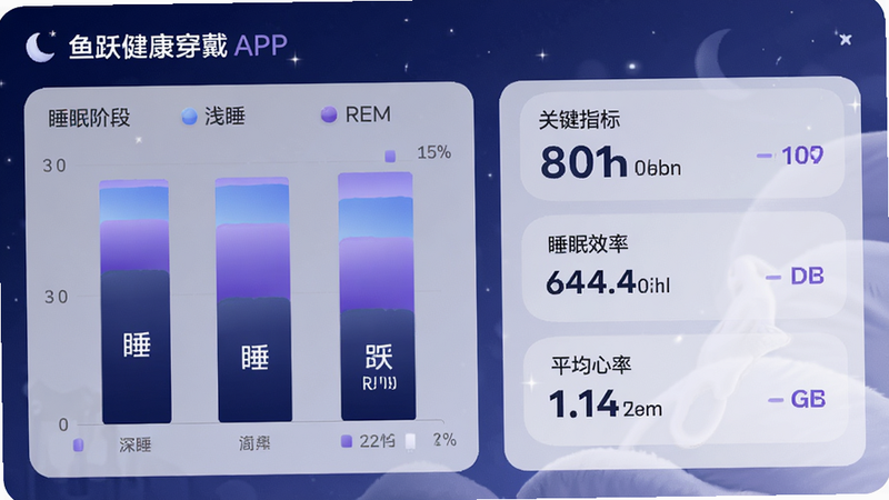 主体为鱼跃健康穿戴APP睡眠报告详情页,布局包含睡眠阶段堆叠柱状图(深睡、浅睡、REM)及关键指标列表(睡眠效率、平均心率)。排版左右分栏,左侧图表右侧文字说明。风格柔和舒适,采用深蓝与紫色调代表夜间睡眠。细节展示图表渐变效果,画质细腻,无干扰元素。