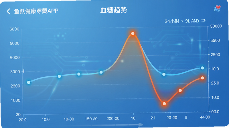主体为鱼跃健康穿戴APP中的“血糖趋势”页面,布局展示24小时血糖曲线图,高亮显示高峰与低谷点。排版整洁,左侧为时间轴,右侧为数值刻度。风格科技感与医疗严谨感结合,细节展示数据点连接平滑,背景淡蓝色渐变。画质清晰,无杂乱装饰,突出数据可视化效果。