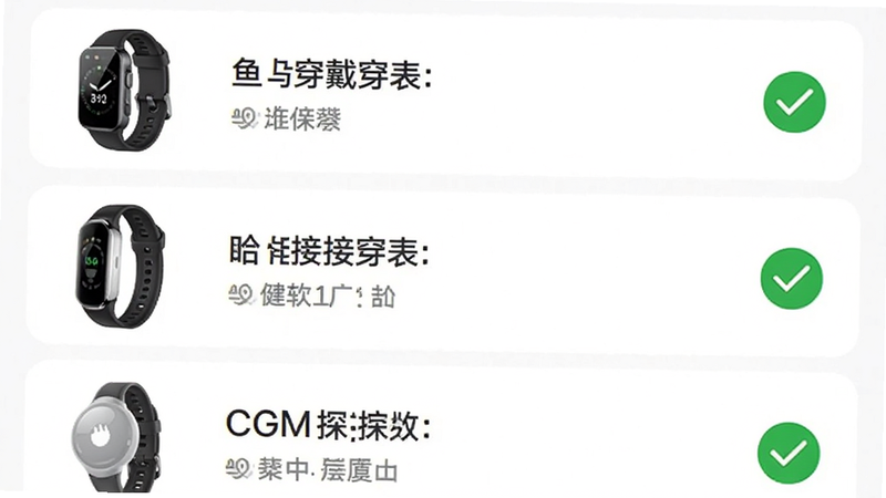 主体为鱼跃健康穿戴APP设备管理界面,布局展示已连接的设备列表(手表、手环、CGM探头),每项设备旁有连接状态图标。排版垂直列表形式,清晰易读。风格简洁商务,白色背景配灰色文字。细节展示设备图标精致,连接符号为绿色对勾。画质标准,无多余水印或装饰。