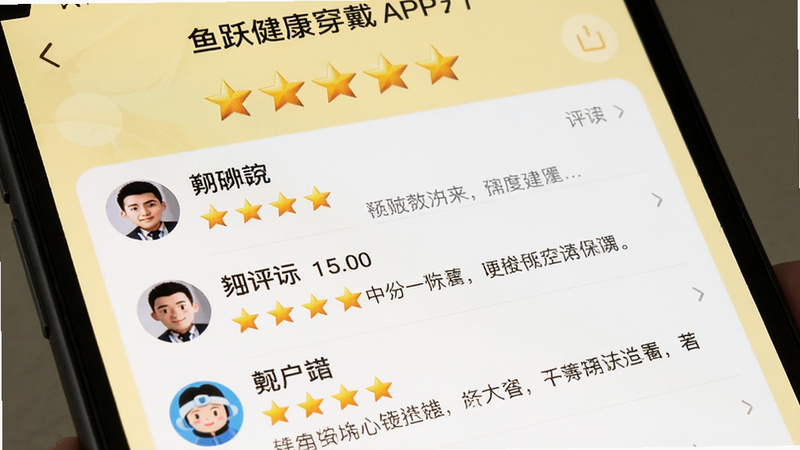 主体为鱼跃健康穿戴APP评分界面,布局展示五星好评及用户评论列表。排版列表式,每条评论包含头像、昵称、星级及内容。风格亲切自然,色调温暖,背景浅黄色。细节展示星星图标金黄明亮,文字清晰可读。画质清晰,无水印,背景干净。