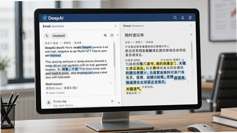 主体为DeepAI全能翻译处理商务邮件的界面,屏幕显示一封英文邮件原文与中文译文对比,译文高亮显示关键语气词,背景为办公桌面,风格专业商务,细节体现文字高亮效果,画质细腻,干净,无多余元素