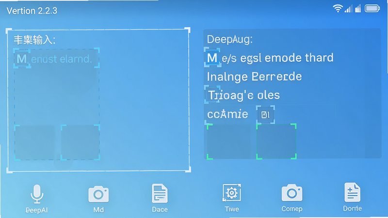 主体为DeepAI全能翻译安卓应用界面截图,布局清晰,左侧为中文输入框,右侧为英文翻译结果区,顶部显示版本2.2.3,底部有语音、拍照、文档三个核心功能图标,背景为简洁的浅蓝色渐变,风格现代简约,细节处体现文字识别框线,画质高清,干净,无多余元素