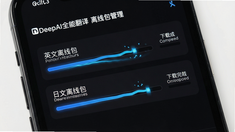 主体为手机设置界面,显示DeepAI全能翻译的“离线包管理”页面,列表中有“英文离线包”、“日文离线包”等选项,进度条显示下载完成,背景为深色模式界面,风格科技感,细节体现进度条动画效果,画质高清,干净,无多余元素