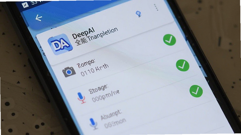 主体为手机设置权限页面,显示DeepAI全能翻译的权限列表,相机、存储、麦克风权限均被勾选,背景为安卓系统默认界面,风格简洁,细节体现勾选状态,画质清晰,干净,无多余元素