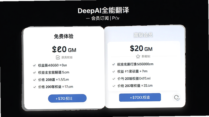 主体为DeepAI全能翻译的会员订阅页面,显示“免费体验”与“高级会员”两种套餐对比,价格清晰可见,背景为简洁的白色卡片式设计,风格现代,细节体现价格数字与权益列表,画质高清,干净,无多余元素