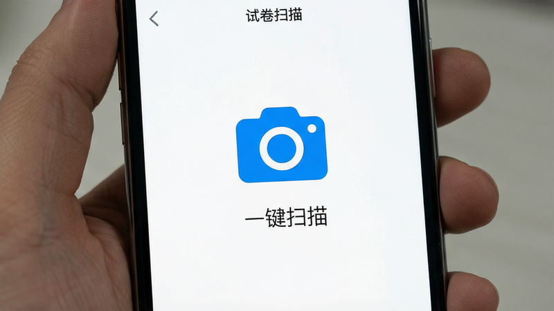 һ�Ÿ����ֻ���Ļ��ͼ����ʾ���Ծ�ɨ�衱APP�������棬����Ϊ���İ�ɫ��������һ����Ŀ����ɫ���ͼ�꣬�·��С�һ��ɨ�衱���֣����沼�����࣬�޶���Ԫ�أ���������������ִ���ƽ��