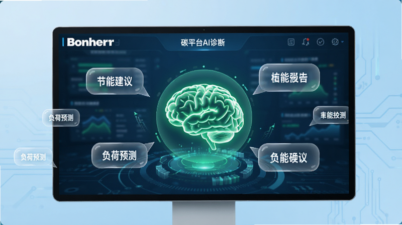 施耐德千里眼能碳平台AI诊断界面,屏幕中央有一个发光的绿色大脑图标,周围漂浮着