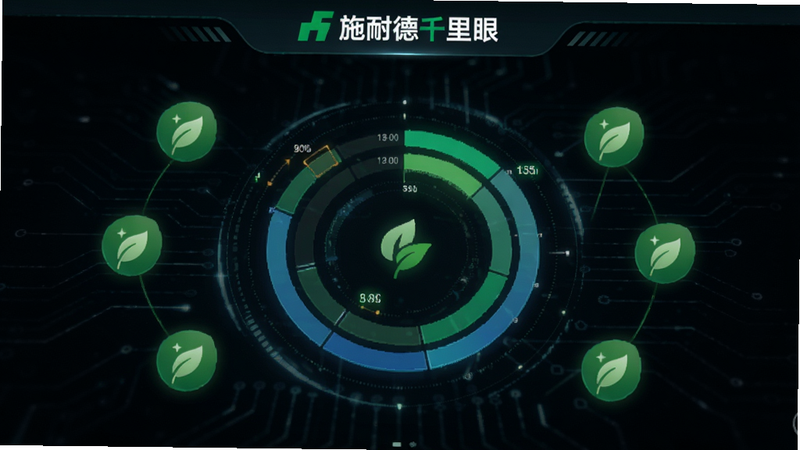 施耐德千里眼能碳平台安卓版主界面预览,深色科技风格背景,中心显示大型环形能源数据图表,周围环绕着绿色的叶子图标代表低碳,顶部有清晰的