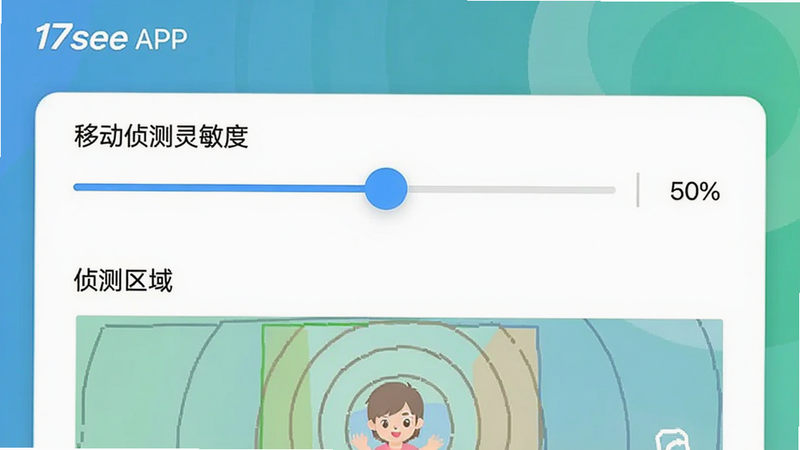 17see APP设置界面,显示“移动侦测灵敏度”滑块控件,滑块位于中间位置,旁边有数值显示“50%”,下方有“侦测区域”绘制示意图,界面风格简洁现代,色彩搭配和谐,细节清晰,无多余装饰