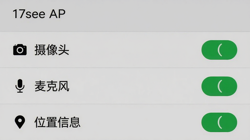 手机设置界面截图,显示17see APP的权限管理页面,高亮显示“摄像头”、“麦克风”、“位置信息”三个权限开关均为开启状态,背景为系统默认灰色,界面整洁,文字清晰,无其他干扰元素