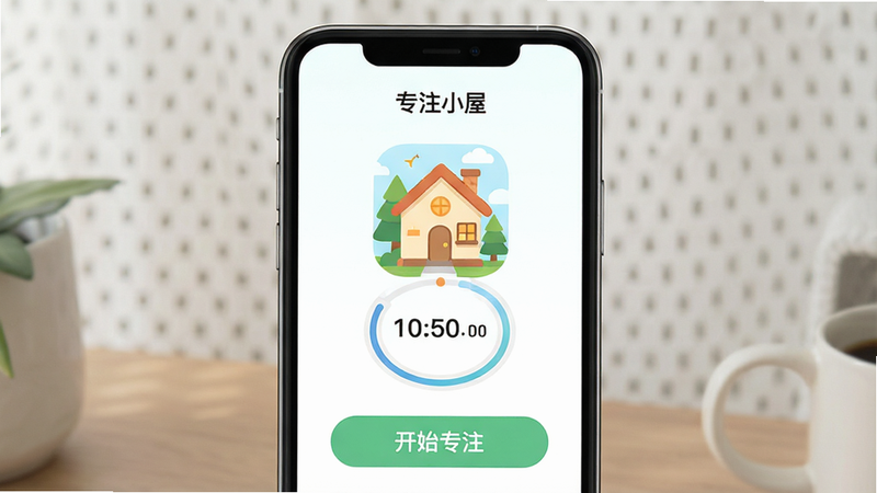 主体为手机屏幕界面,布局居中,显示“专注小屋”App主界面,风格为清新扁平化设计,细节包含一个温馨的虚拟小屋图标和倒计时圆环,文字“开始专注”清晰可见,画质高清,干净无多余元素