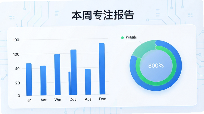 主体为数据统计图表,布局为柱状图与饼图结合,风格为极简科技风,细节包含蓝色的数据柱和绿色的完成率圆环,文字“本周专注报告”位于顶部,画质清晰,色彩柔和,无干扰元素