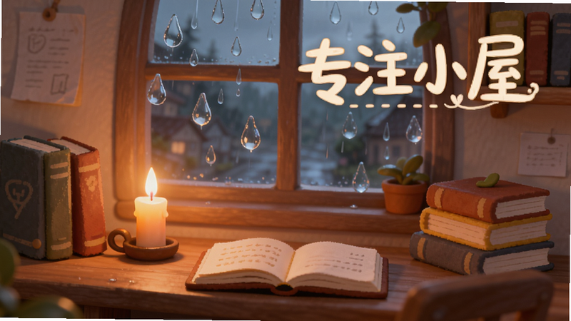 主体为虚拟书房场景,布局展示书桌与窗户,风格为温馨插画风,细节包含飘落的雨滴、跳动的蜡烛火焰和堆叠的书籍,文字“专注小屋”作为Logo悬浮,画质精致,无杂乱背景