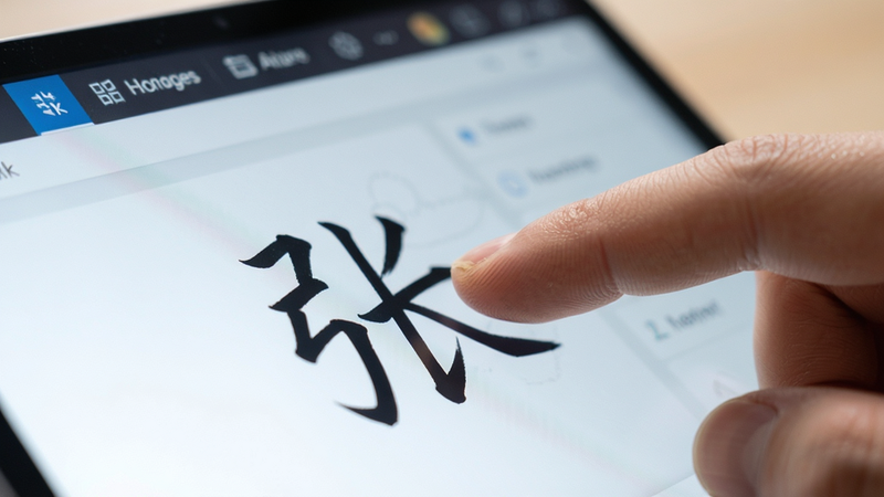 主体为电子签名签字软件的特写画面,布局聚焦于手指在屏幕上滑动书写“张”字的瞬间,背景虚化显示软件菜单栏,风格为写实摄影风,细节展现指尖与屏幕接触的微距效果,文字清晰可见,画质4k,简洁背景