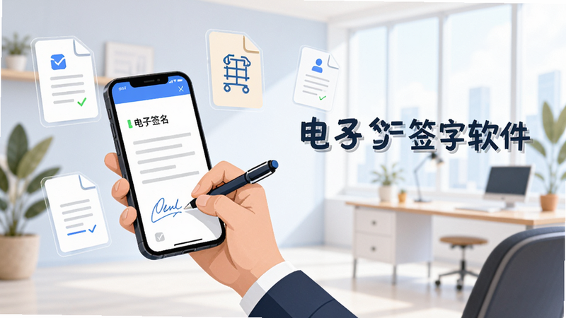 主体为电子签名签字软件的使用场景插画,布局为一人手持手机正在签署文件,旁边悬浮着多个文档图标,背景为明亮的办公室环境,风格为现代商务插画,细节展现轻松高效的氛围,文字内容包含“电子签名签字软件”,画质清晰,无杂乱元素