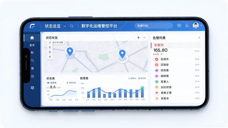 主体为手机屏幕显示数字化运维管控平台界面,布局清晰分为状态总览与告警列表,排版简洁现代,风格为科技蓝白色调,细节包含地图定位图标与实时数据图表,画质高清,干净无多余元素