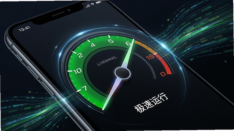 主体为手机屏幕,显示速度仪表盘,指针指向绿色高速区域,周围有动态线条表示数据流动,布局充满动感,风格现代简约,细节处有光效点缀,画质高清,干净,无多余元素,文字“极速运行”作为UI元素存在