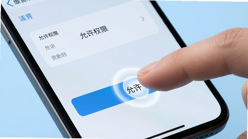 主体为手机屏幕,显示设置界面,手指正在点击“允许”按钮,背景为浅蓝色,布局清晰,风格写实,细节处有手指点击的光圈效果,画质高清,干净,无多余元素,文字“允许权限”作为UI元素存在