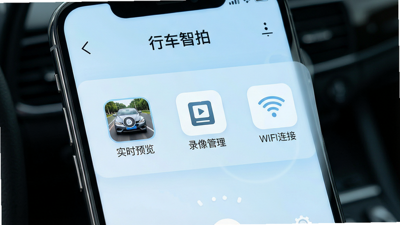 一张现代智能手机界面展示图,屏幕中央显示“行车智拍”APP主界面,背景为简洁的浅蓝色科技风,界面上清晰可见“实时预览”、“录像管理”、“WiFi连接”三个主要功能图标,布局整洁有序,高清细节,无多余元素,专业UI设计风格