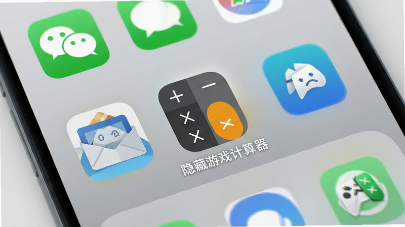 主体为手机主屏幕界面,多个应用图标排列整齐,其中有一个计算器图标,周围是微信、邮件等办公应用,图标风格统一扁平化,背景为浅灰色渐变,布局规整,风格极简商务,细节清晰,画质高清,干净无多余元素,文字
