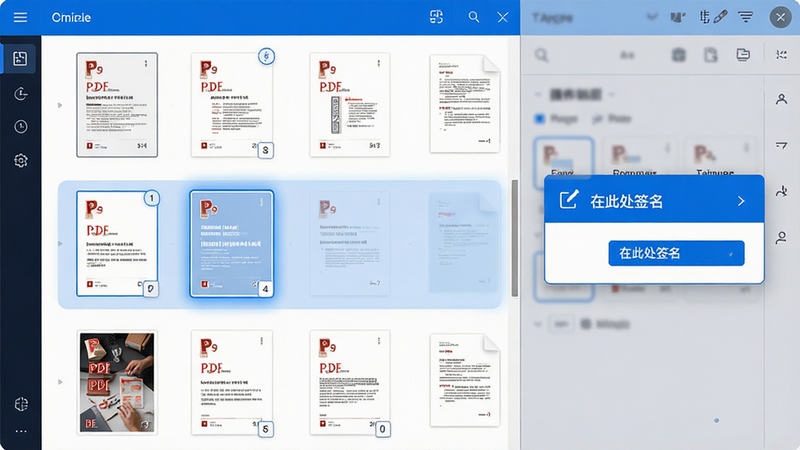 ����Ϊ���������ͼ����ʾһ��PDF�ĵ�������ͼ�б�������һ��ҳ�汻����ѡ�У��Ҳ൯��һ�����ڴ˴�ǩ������ѡ��򡣲���Ϊ���ҷ����ṹ�����Ϊ�ĵ��б����Ҳ�Ϊ�����������Ϊ����Ƽ��磬��ɫ������Ϊ����ϸ�ڴ������ĵ�ҳ����ͼ�������ȣ����ʸ��壬����ɾ����޶���װ��
