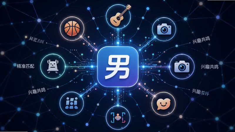 主体为抽象的社交网络连接图,布局中心为本可男同志交友软件Logo,周围环绕着代表不同兴趣的图标如篮球、吉他、相机,排版呈放射状,风格科技感与人文感结合,细节显示数据流动的光效,文字包含“精准匹配”、“兴趣共鸣”,画质清晰,干净无杂乱线条