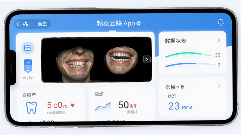 主体为频泰云联App界面,布局采用卡片式排列,展示口腔扫描三维模型与数据同步状态,排版简洁现代,风格清新医疗蓝,细节包含图标与文字标签,画质高清,干净,无多余元素