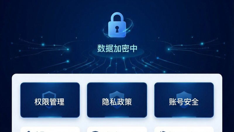 ����Ϊ��������APP�İ�ȫ���ý���ʾ��ͼ������Ϊ�ֿ�ʽ��ƣ��Ϸ���ʾ����ͼ�꼰�����ݼ����С�״̬��ʾ���·��г���Ȩ�޹�����������˽���ߡ������˺Ű�ȫ����ѡ�Ƭ�����Ϊ�Ƽ�������ɫ����ϸ�ڴ���׺΢���Ĺ�Ч���������������������������ɾ����޶���ˮӡ������Ϊ��������䣬ǿ����ȫ�����θ�