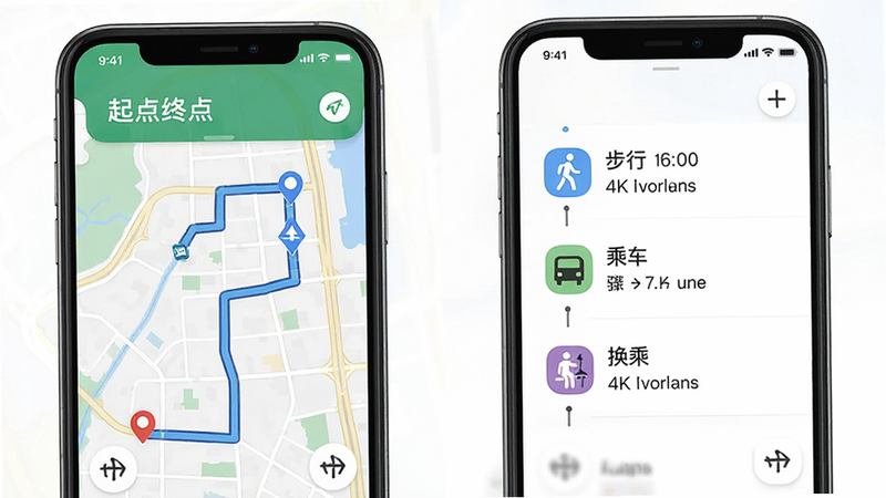 主体为两个手机屏幕并排展示,左侧显示起点到终点的地图路径,右侧显示详细的步骤列表,包含“步行”、“乘车”、“换乘”图标,布局左右对称,风格简洁明了,细节包含时间预估与距离标注,画质4k,干净,无多余元素