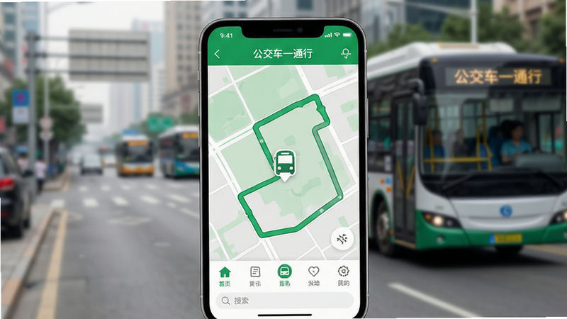 主体为手机屏幕特写,显示“公交车一通行”APP首页界面,背景为模糊的城市街道与行驶中的公交车,屏幕中央突出显示绿色地图路线与实时车辆图标,布局清晰,排版整洁,风格为现代扁平化UI设计,细节包含底部导航栏与搜索框,画质4k,干净,无多余元素