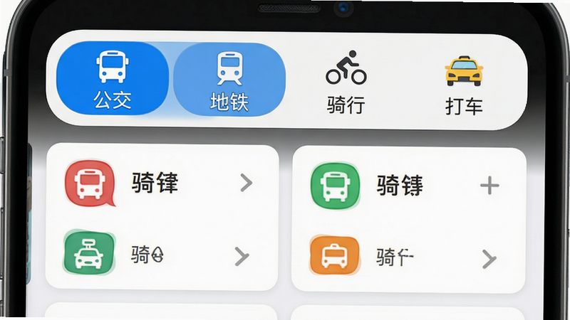 主体为手机界面顶部切换栏,显示“公交”、“地铁”、“骑行”、“打车”四个标签,其中“公交”被高亮选中,下方展示对应的路线卡片,布局紧凑,风格现代,细节包含不同交通方式的彩色图标,画质高清,干净,无多余元素