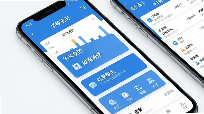 一张高清扁平化风格的UI设计图,主体是青于蓝升学APP的手机界面预览,布局展示首页核心功能入口,包括学校查询、政策速递、志愿模拟三个主要板块,排版整洁有序,色调以清爽的蓝色和白色为主,风格现代简约,细节处展现数据图表和列表界面,画质清晰,干净无多余元素