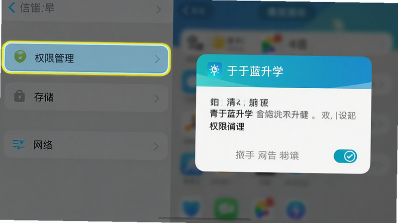 手机设置界面截图,高亮显示“权限管理”中的存储和网络选项,背景模糊处理以突出前景设置项,主体为青于蓝升学的权限请求弹窗,布局居中,风格简洁明了,细节展现勾选框状态,画质清晰,无多余图标