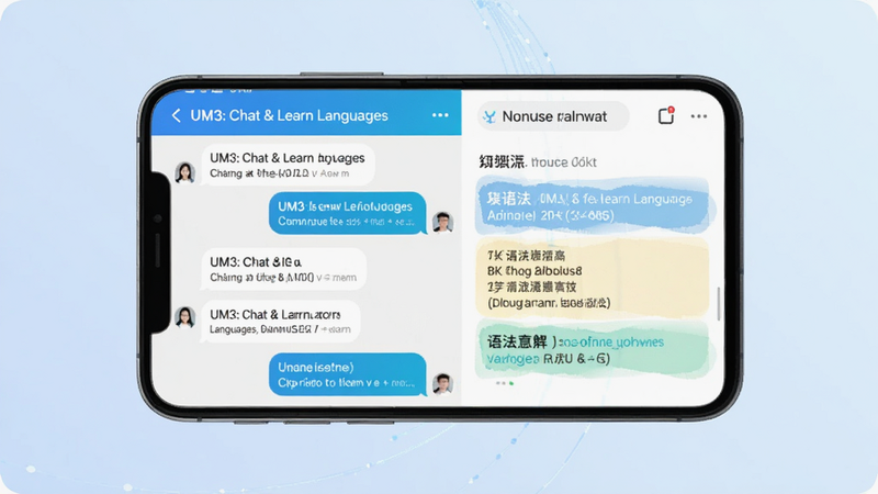 ����Ϊ�ֻ���Ļ��ʾUM3: Chat & Learn LanguagesӦ�ý��棬���ַ�Ϊ������촰�ں��Ҳ�֪ʶ����������Ű������ִ������Ϊ��ƽ���Ƽ��磬ϸ�ڰ�����������Ӣ˫��Ի����ݺ͸������﷨����ģ�飬����4k���ɾ��޶���Ԫ�أ�����Ϊ��͵ĵ���ɫ����