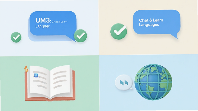 ����ΪUM3: Chat & Learn Languages�Ĺ���չʾͼ������Ϊ�Ĺ�����ʽ���Ű�Գ�ƽ�⣬���Ϊ���¼�Լ��ϸ�ڰ����Ի����ݡ��Թ�ͼ�ꡢ�鱾ͼ��͵�����ͼ�꣬���ʸ��壬ɫ�������������ұ�����ͻ�����Ĺ���